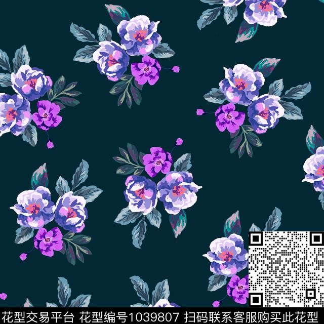 黑底花卉花卉大牌风传统印花华亿平台下载（图片编号: 1039807） - 瓦栏（Walan）