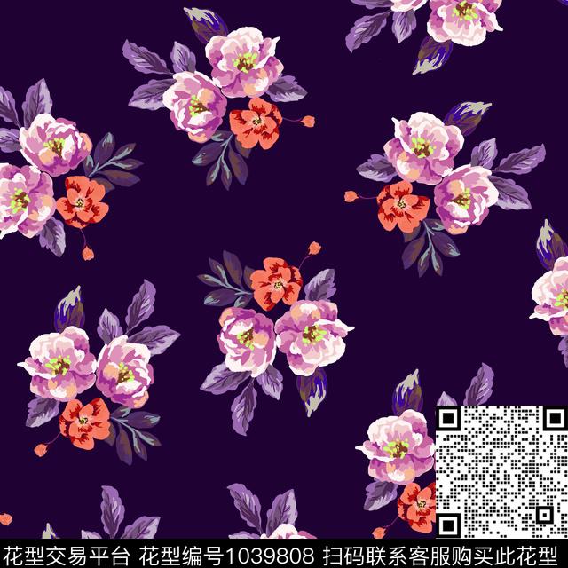 黑底花卉花卉大牌风传统印花华亿平台下载（图片编号: 1039808） - 瓦栏（Walan）