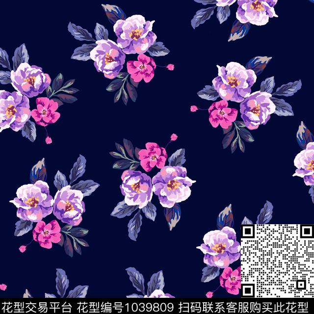 黑底花卉花卉大牌风传统印花华亿平台下载（图片编号: 1039809） - 瓦栏（Walan）