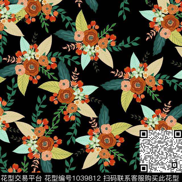 黑底花卉花卉大牌风传统印花华亿平台下载（图片编号: 1039812） - 瓦栏（Walan）