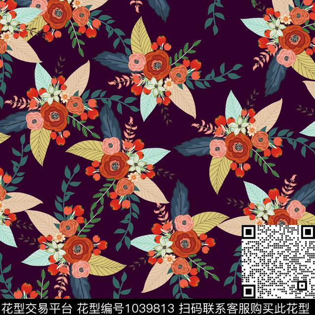 黑底花卉花卉大牌风传统印花华亿平台下载（图片编号: 1039813） - 瓦栏（Walan）