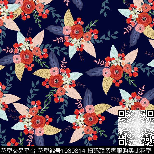 黑底花卉花卉大牌风传统印花华亿平台下载（图片编号: 1039814） - 瓦栏（Walan）