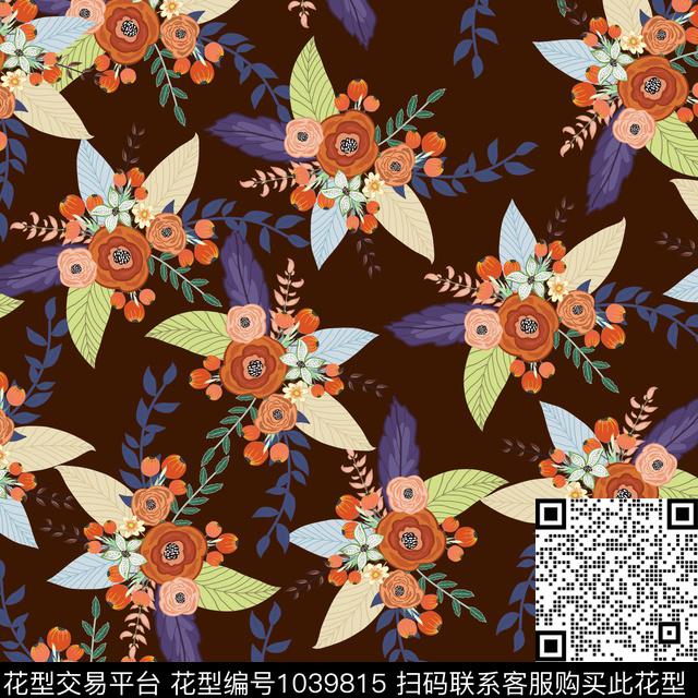 黑底花卉花卉大牌风传统印花华亿平台下载（图片编号: 1039815） - 瓦栏（Walan）