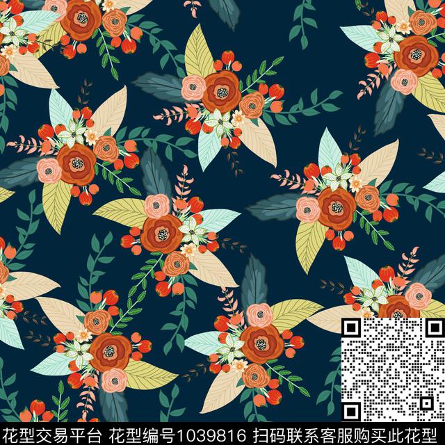 黑底花卉花卉大牌风传统印花华亿平台下载（图片编号: 1039816） - 瓦栏（Walan）