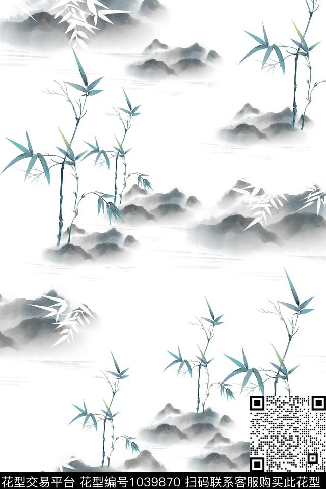 竹子水墨风中国风数码印花华亿平台下载（图片编号: 1039870） - 瓦栏（Walan）