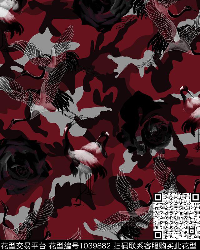 中国风仙鹤迷彩数码印花华亿平台下载（图片编号: 1039882） - 瓦栏（Walan）