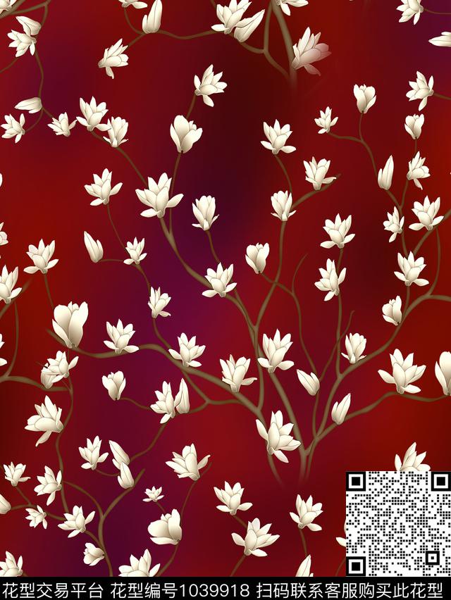 玉兰花手绘花卉香云纱数码印花华亿平台下载（图片编号: 1039918） - 瓦栏（Walan）