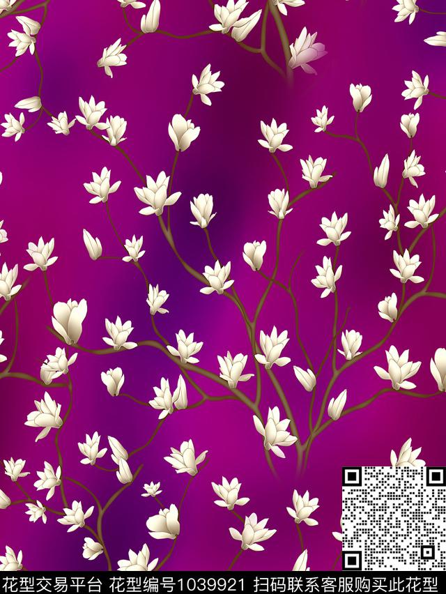 玉兰花手绘花卉香云纱数码印花华亿平台下载（图片编号: 1039921） - 瓦栏（Walan）