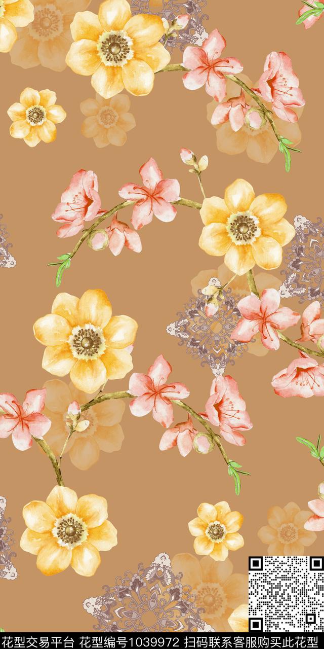数码华亿平台水彩花卉几何数码印花华亿平台下载（图片编号: 1039972） - 瓦栏（Walan）
