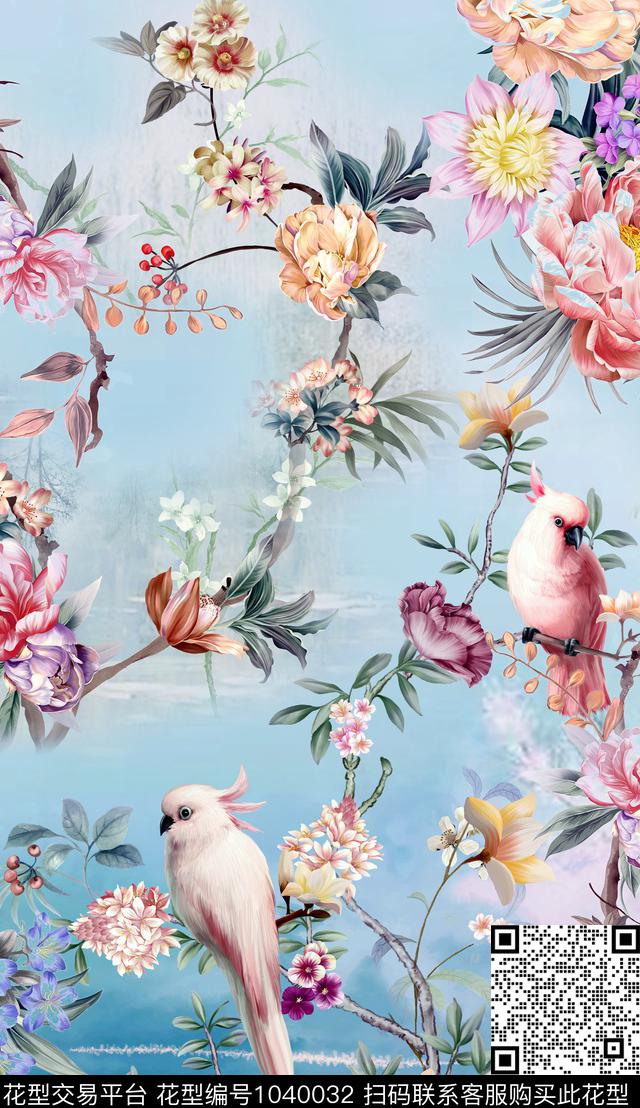 定位花清爽底花卉年轻女性数码印花华亿平台下载（图片编号: 1040032） - 瓦栏（Walan）