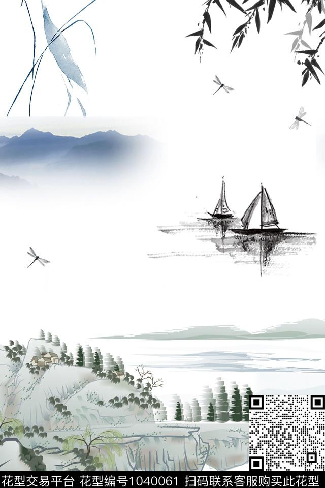 中国风帆船水墨风数码印花华亿平台下载（图片编号: 1040061） - 瓦栏（Walan）