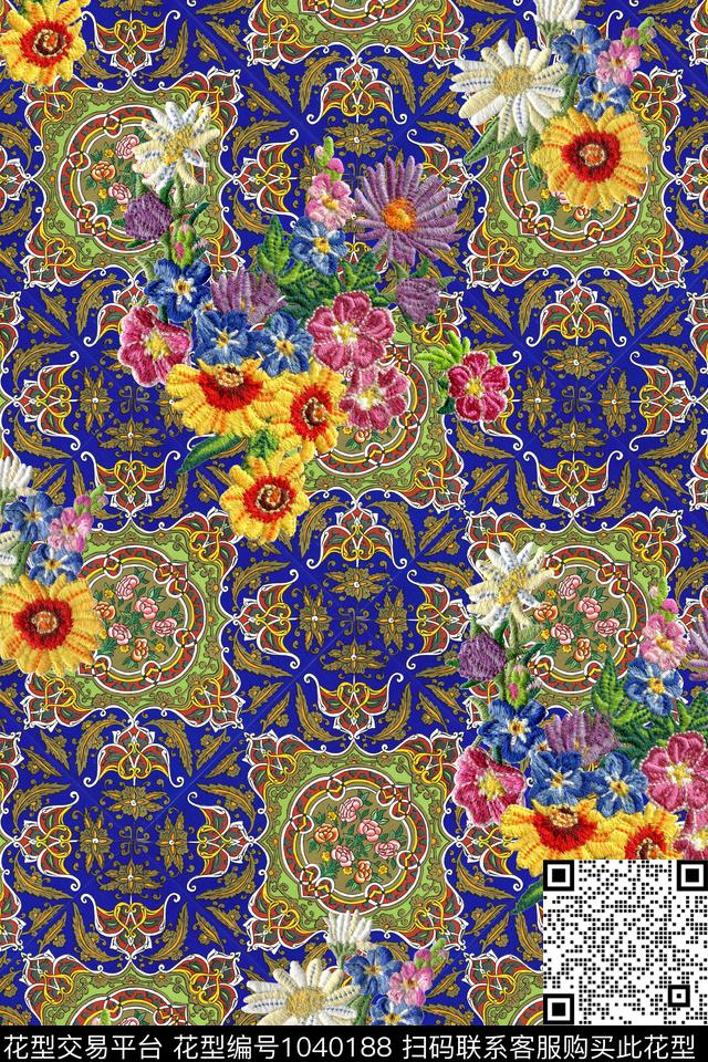 民族风格子花卉数码印花华亿平台下载（图片编号: 1040188） - 瓦栏（Walan）