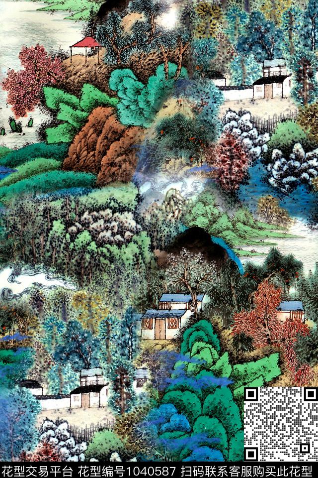 中国风国画混合拼接数码印花华亿平台下载（图片编号: 1040587） - 瓦栏（Walan）