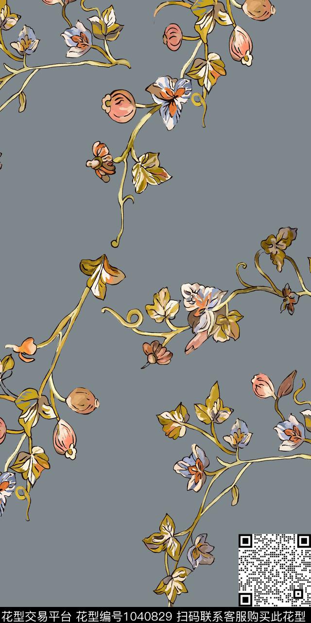 藤蔓手绘花卉小碎花数码印花华亿平台下载（图片编号: 1040829） - 瓦栏（Walan）