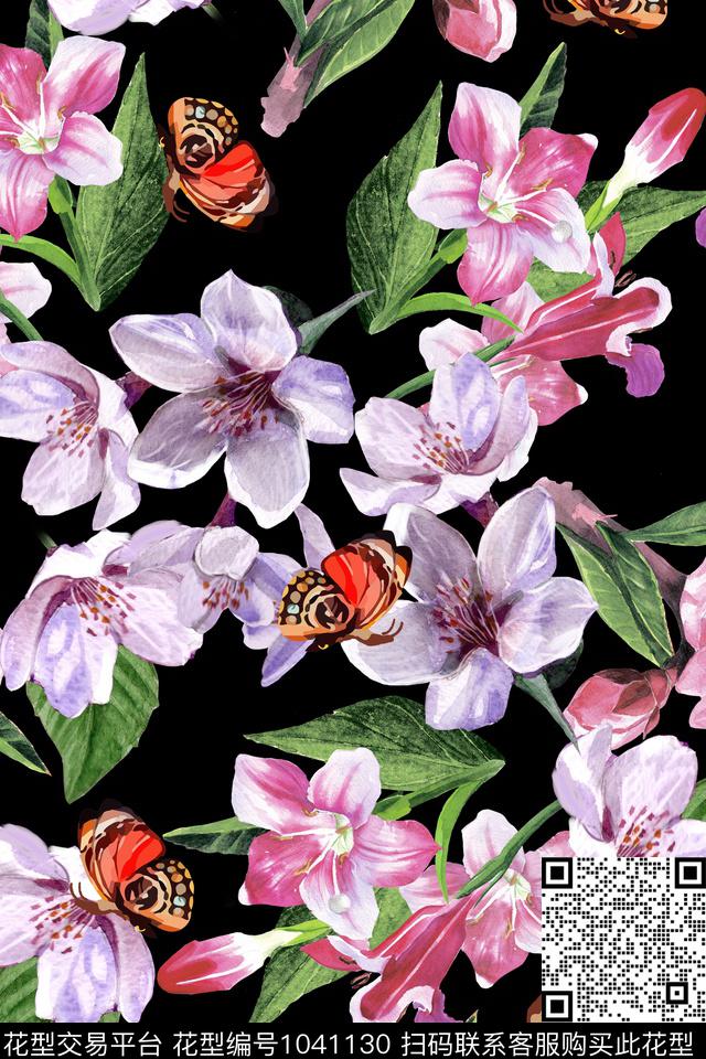 大花花卉蝴蝶数码印花华亿平台下载（图片编号: 1041130） - 瓦栏（Walan）
