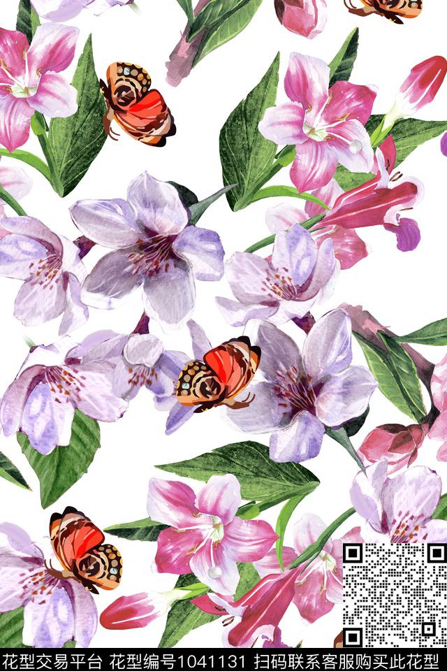 大花花卉蝴蝶数码印花华亿平台下载（图片编号: 1041131） - 瓦栏（Walan）