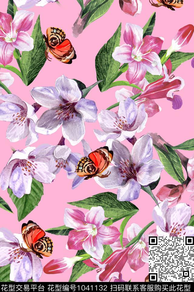 大花花卉蝴蝶数码印花华亿平台下载（图片编号: 1041132） - 瓦栏（Walan）