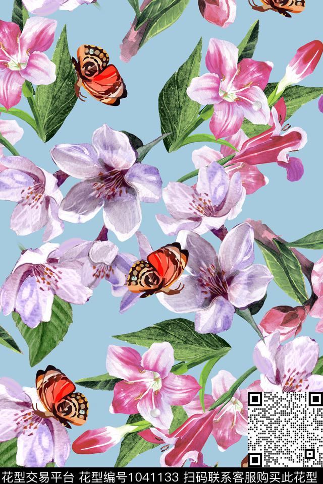 大花花卉蝴蝶数码印花华亿平台下载（图片编号: 1041133） - 瓦栏（Walan）