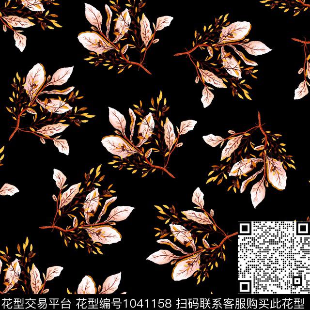 黑底花卉抽象花卉数码印花华亿平台下载（图片编号: 1041158） - 瓦栏（Walan）