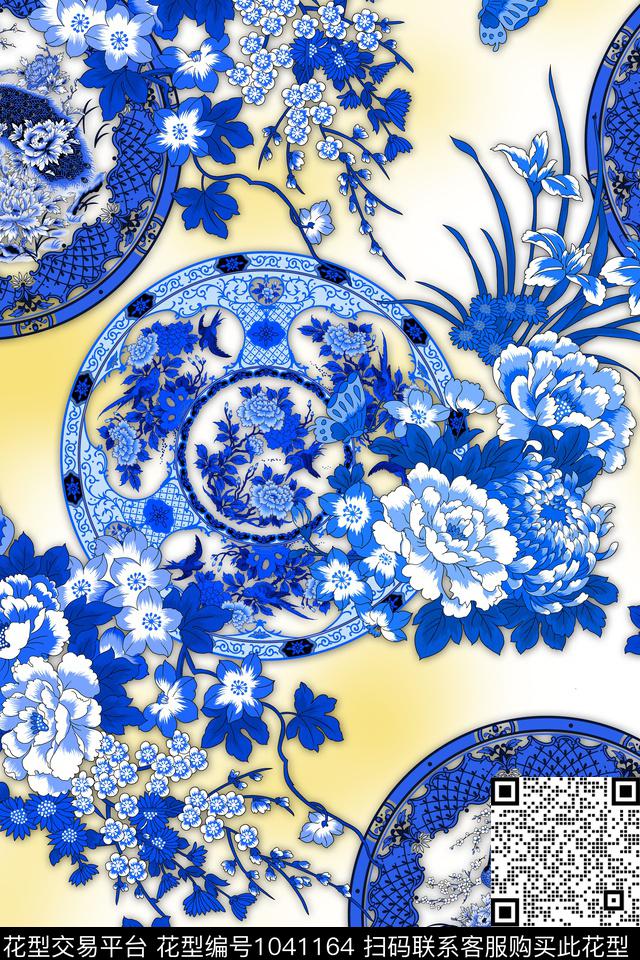 花卉青花瓷中国风数码印花华亿平台下载（图片编号: 1041164） - 瓦栏（Walan）