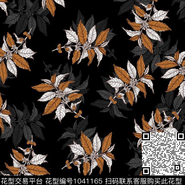 黑底花卉抽象花卉数码印花华亿平台下载（图片编号: 1041165） - 瓦栏（Walan）