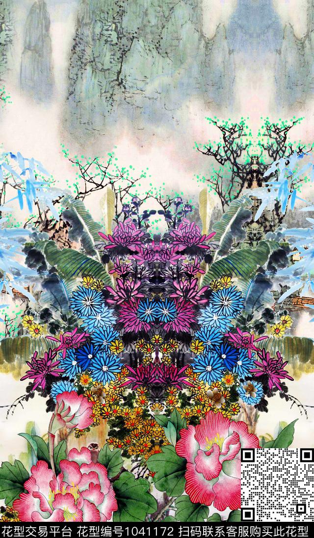 花卉中国风风景景观数码印花华亿平台下载（图片编号: 1041172） - 瓦栏（Walan）