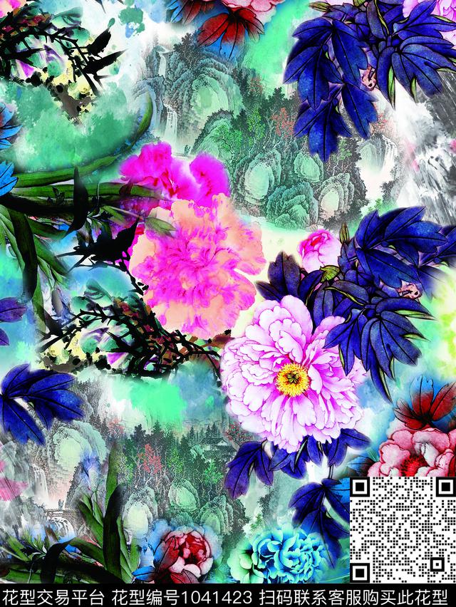 大花牡丹中国风数码印花华亿平台下载（图片编号: 1041423） - 瓦栏（Walan）