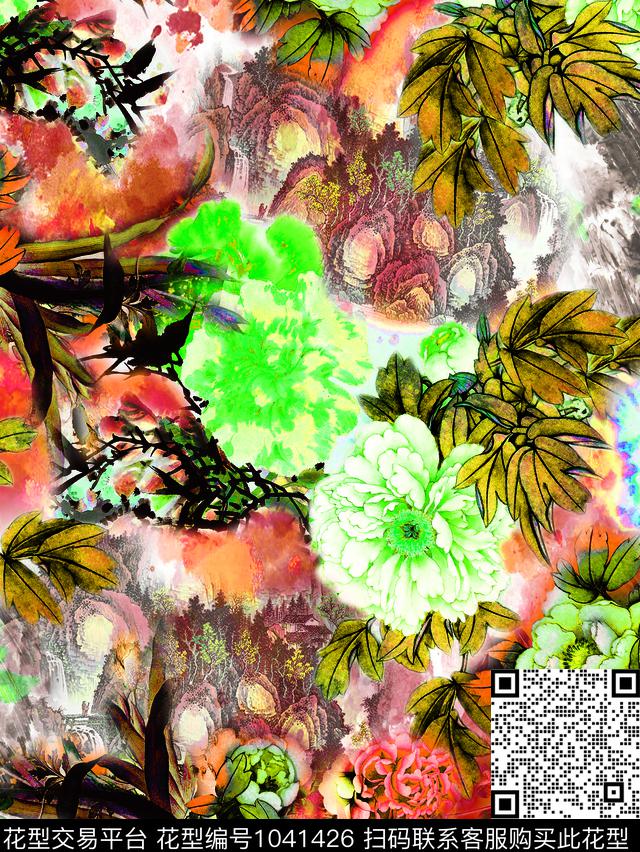 大花牡丹中国风数码印花华亿平台下载（图片编号: 1041426） - 瓦栏（Walan）