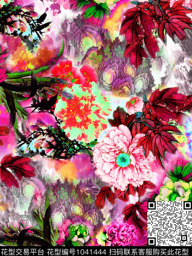 大花牡丹中国风数码印花华亿平台下载（图片编号: 1041444） - 瓦栏（Walan）