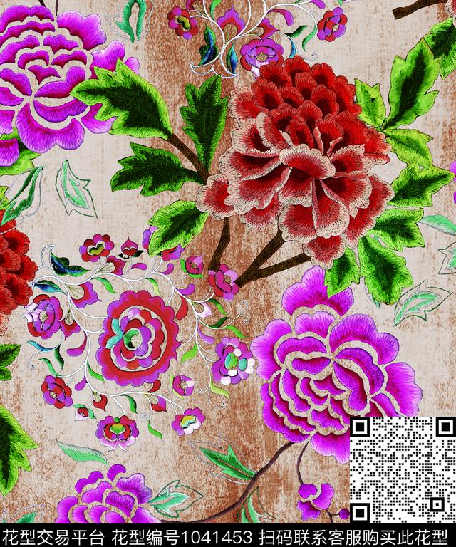 大花古典花纹绣花华亿平台数码印花华亿平台下载（图片编号: 1041453） - 瓦栏（Walan）
