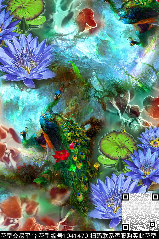 花卉孔雀荷花数码印花华亿平台下载（图片编号: 1041470） - 瓦栏（Walan）