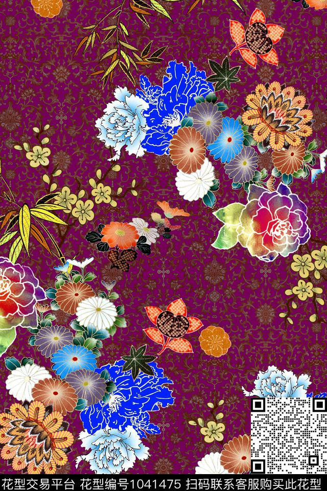 牡丹花卉中国风数码印花华亿平台下载（图片编号: 1041475） - 瓦栏（Walan）