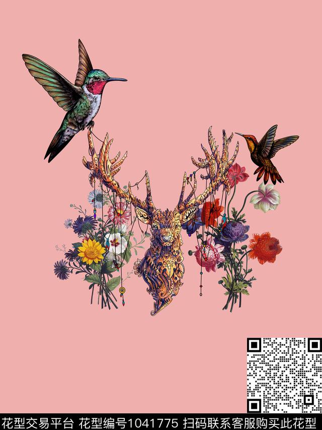 衬衫抽象花卉鹿数码印花华亿平台下载（图片编号: 1041775） - 瓦栏（Walan）