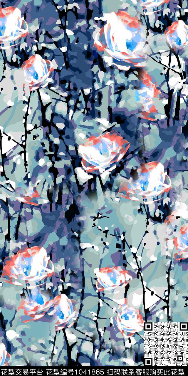 抽象花卉抽象手绘花卉数码印花华亿平台下载（图片编号: 1041865） - 瓦栏（Walan）