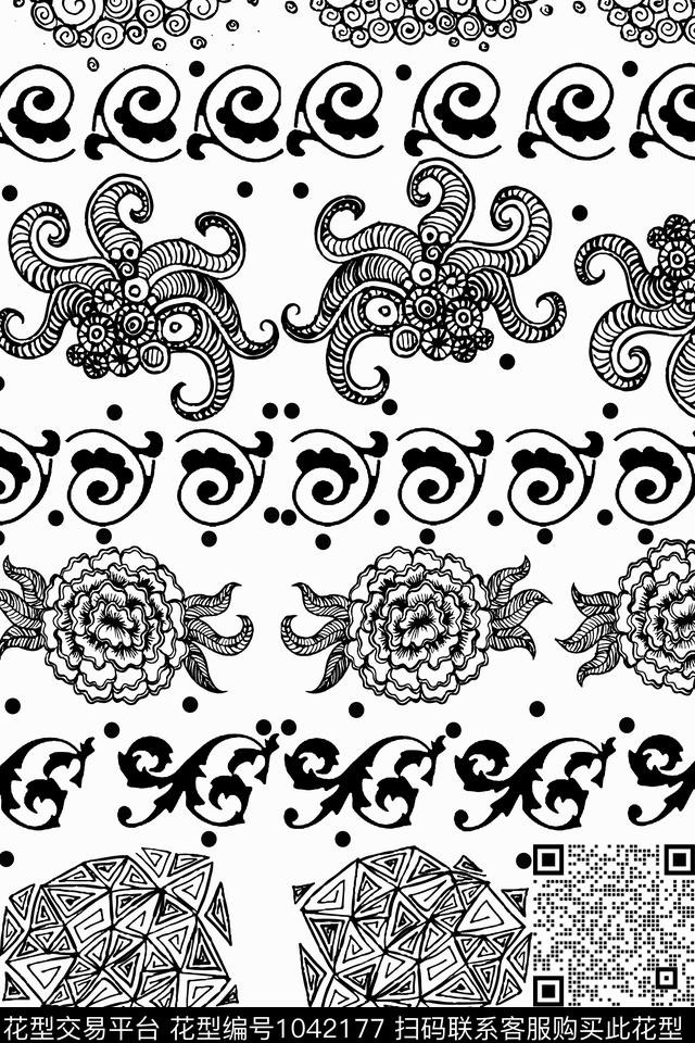 花卉素描黑白华亿平台传统印花华亿平台下载（图片编号: 1042177） - 瓦栏（Walan）