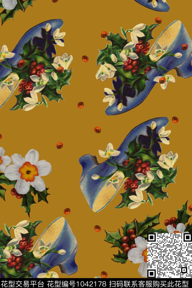 趣味花卉复古数码印花华亿平台下载（图片编号: 1042178） - 瓦栏（Walan）