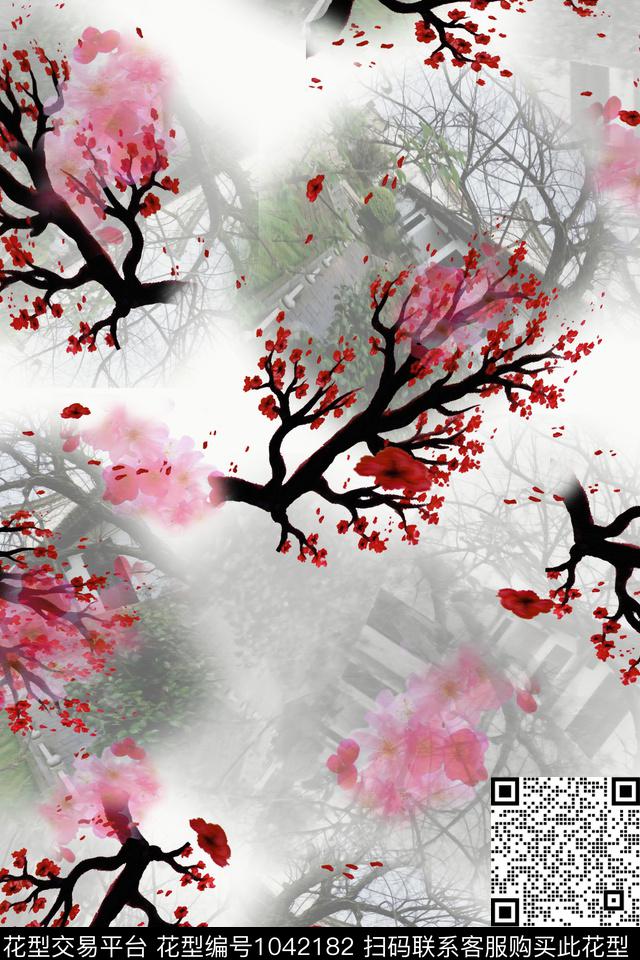 花卉水墨风风景景观数码印花华亿平台下载（图片编号: 1042182） - 瓦栏（Walan）