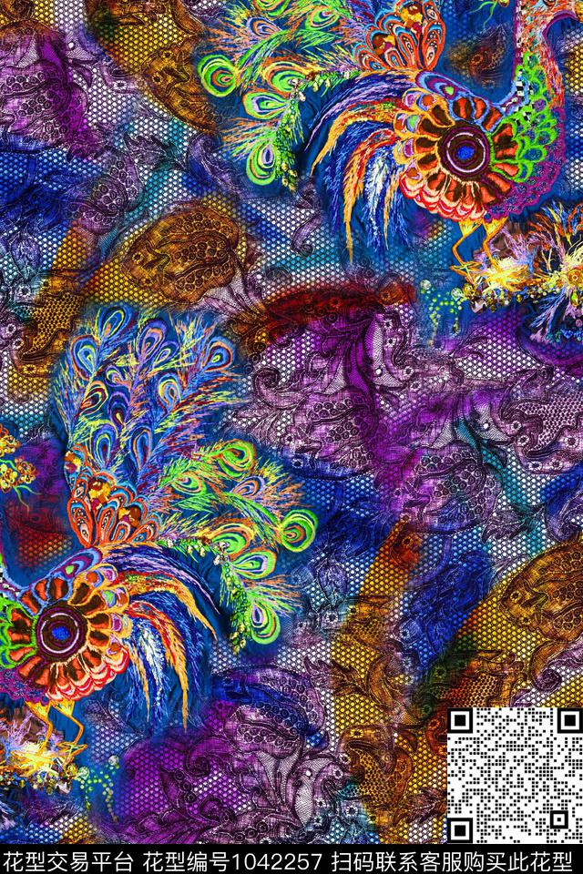抽象孔雀网布蕾丝数码印花华亿平台下载（图片编号: 1042257） - 瓦栏（Walan）