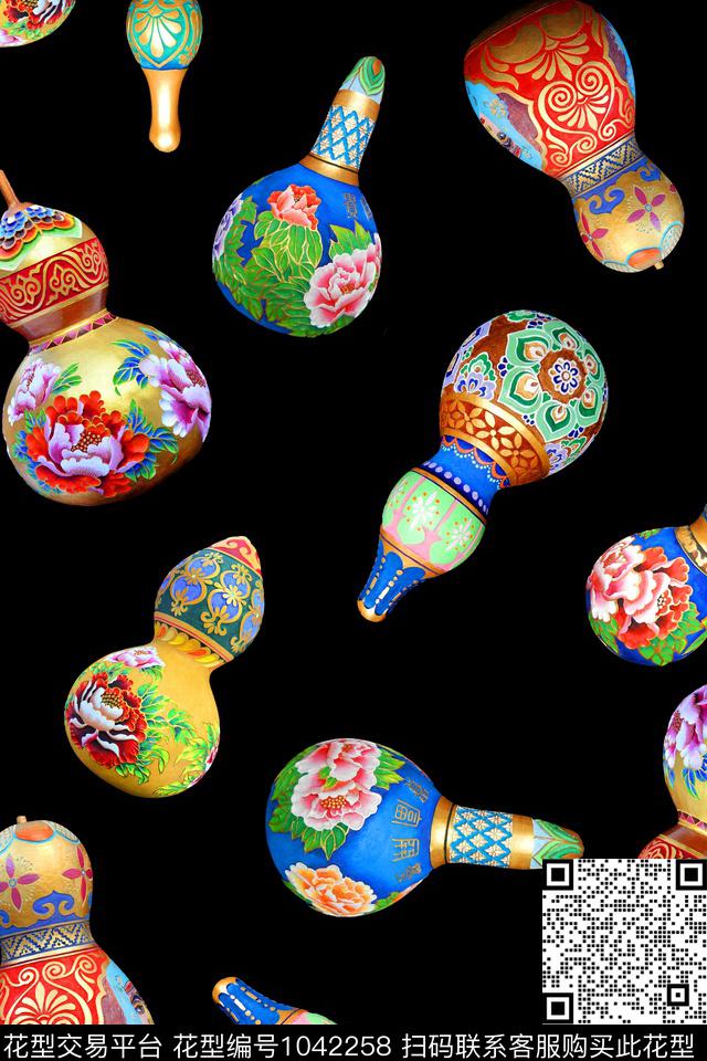 牡丹葫芦中国风数码印花华亿平台下载（图片编号: 1042258） - 瓦栏（Walan）