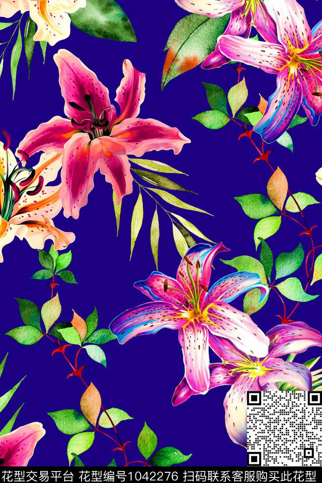 花卉百合纯底数码印花华亿平台下载（图片编号: 1042276） - 瓦栏（Walan）
