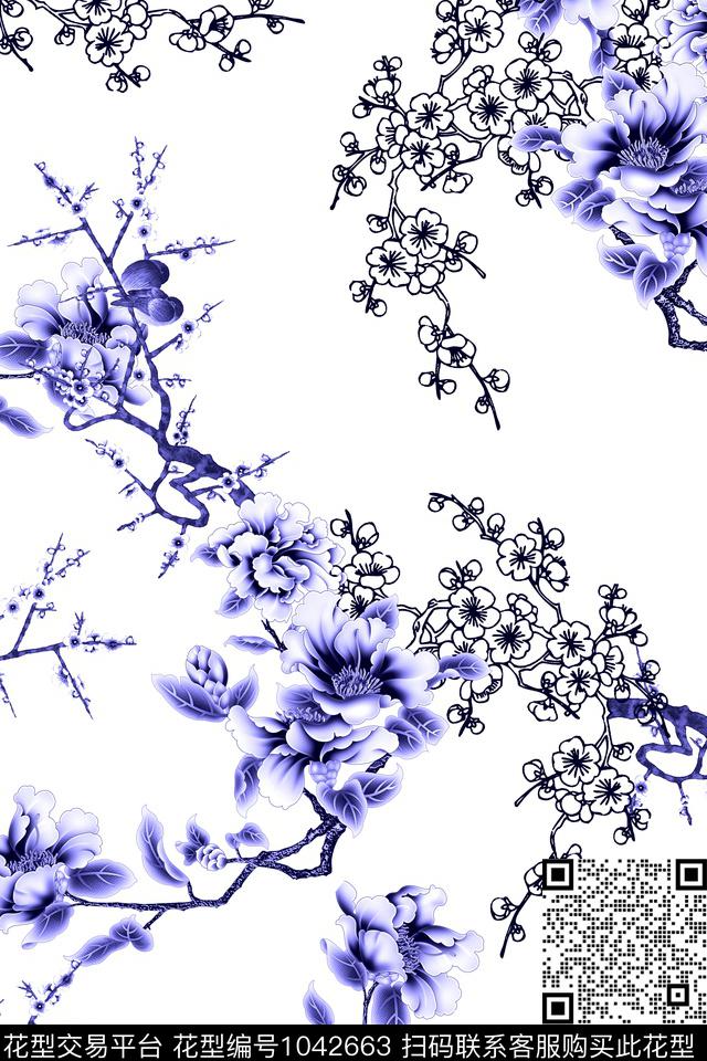 梅花玉兰花复古数码印花华亿平台下载（图片编号: 1042663） - 瓦栏（Walan）