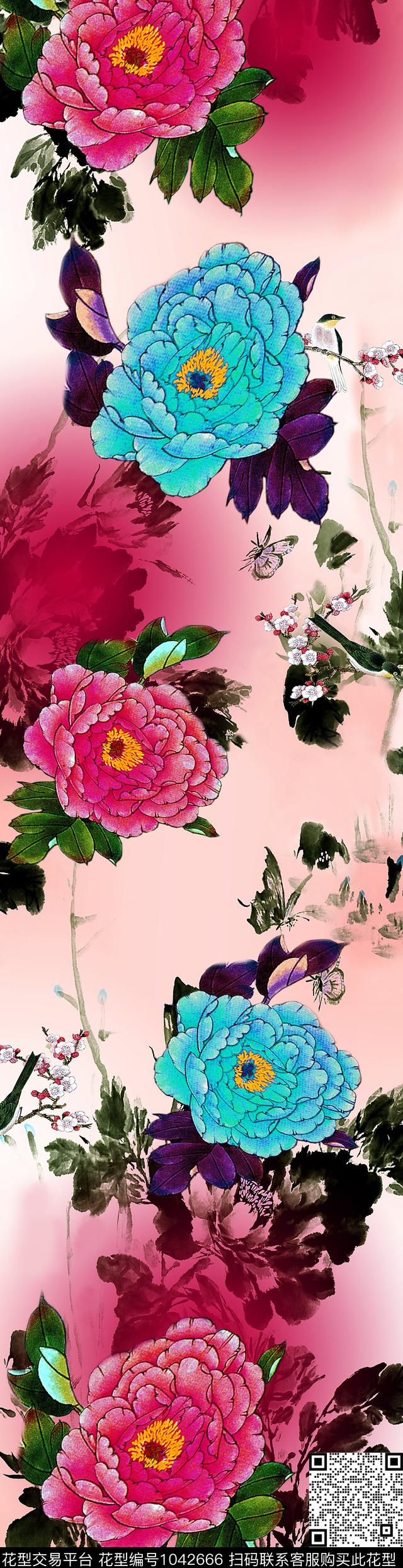 中长巾牡丹中国风数码印花华亿平台下载（图片编号: 1042666） - 瓦栏（Walan）