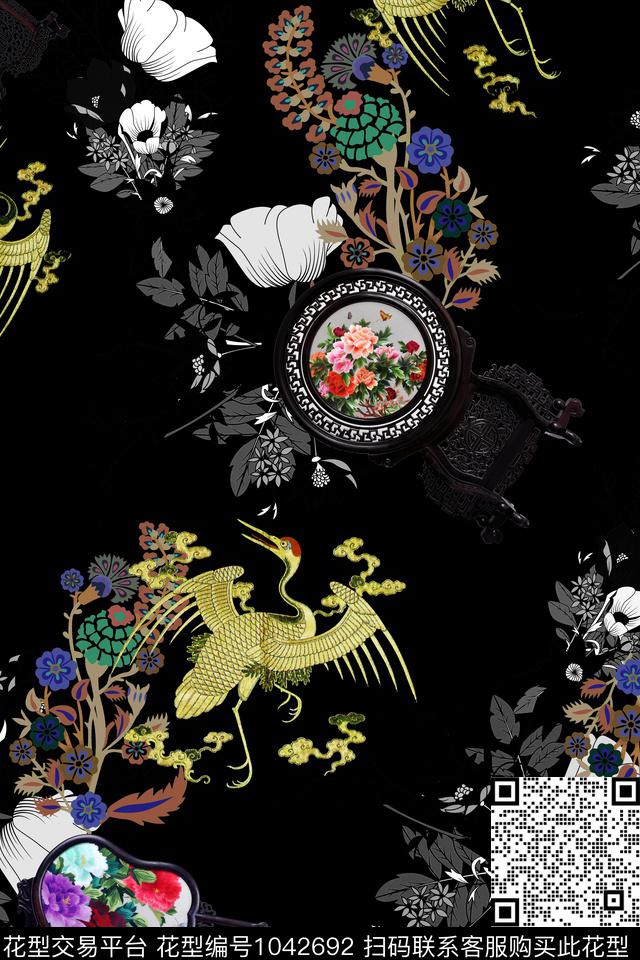 黑白华亿平台绣花华亿平台刺绣鸟数码印花华亿平台下载（图片编号: 1042692） - 瓦栏（Walan）