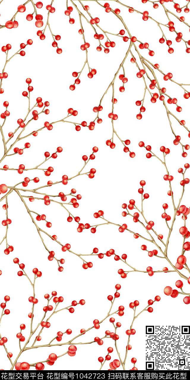抽象花卉手绘枝条手绘红点点数码印花华亿平台下载（图片编号: 1042723） - 瓦栏（Walan）