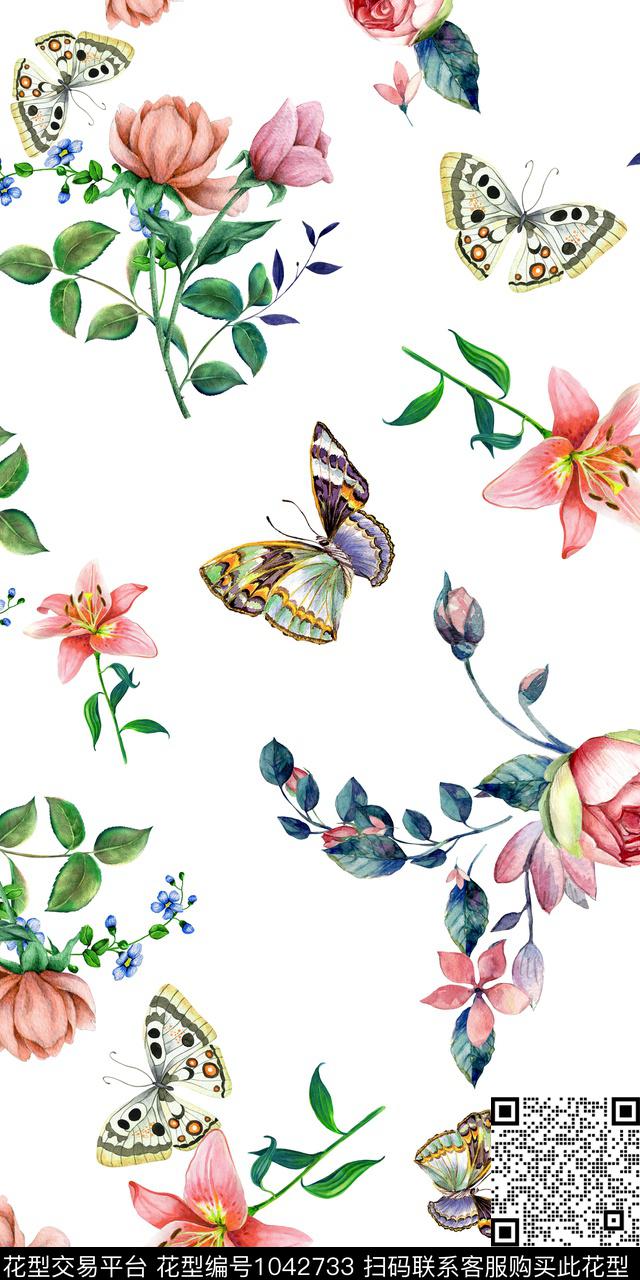 手绘花卉花卉蝴蝶清爽花卉数码印花华亿平台下载（图片编号: 1042733） - 瓦栏（Walan）