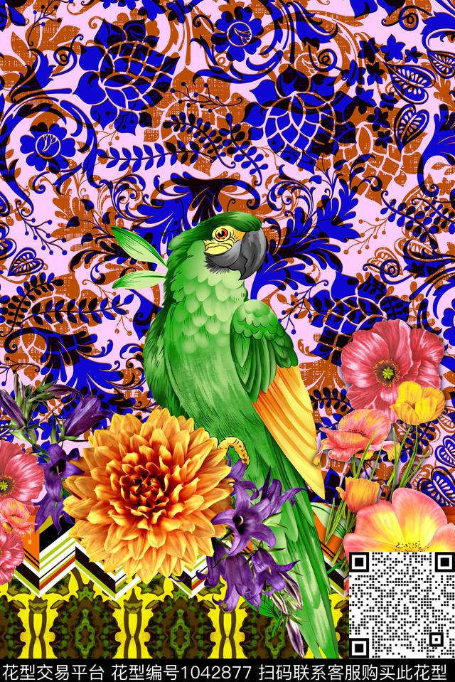 大花几何定位花数码印花华亿平台下载（图片编号: 1042877） - 瓦栏（Walan）