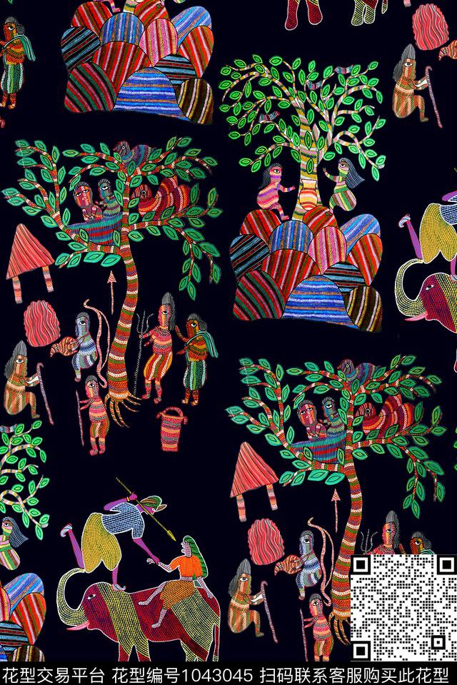 条纹民族风人物数码印花华亿平台下载（图片编号: 1043045） - 瓦栏（Walan）