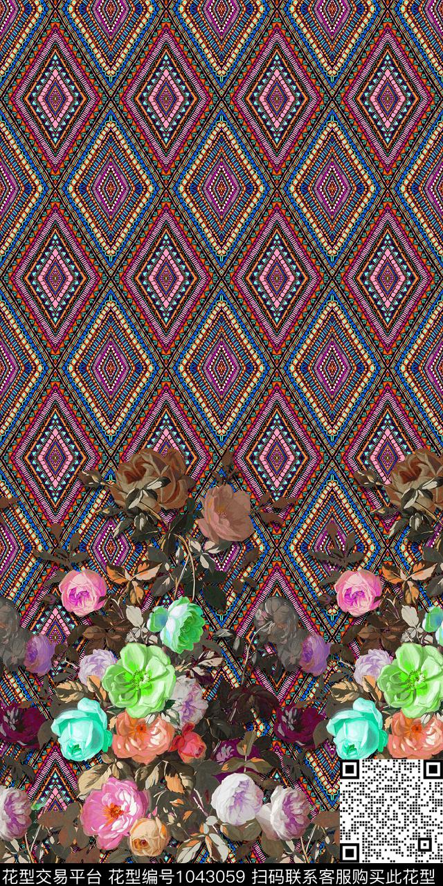 民族风花卉几何数码印花华亿平台下载（图片编号: 1043059） - 瓦栏（Walan）