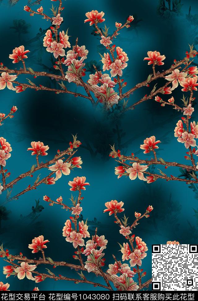 香云纱花卉桃花数码印花华亿平台下载（图片编号: 1043080） - 瓦栏（Walan）