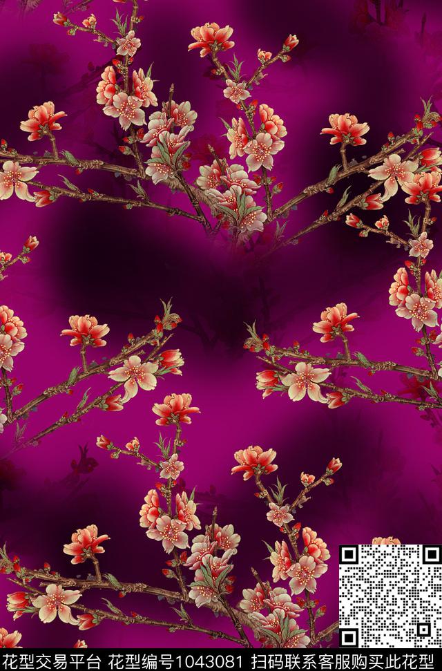 香云纱花卉桃花数码印花华亿平台下载（图片编号: 1043081） - 瓦栏（Walan）